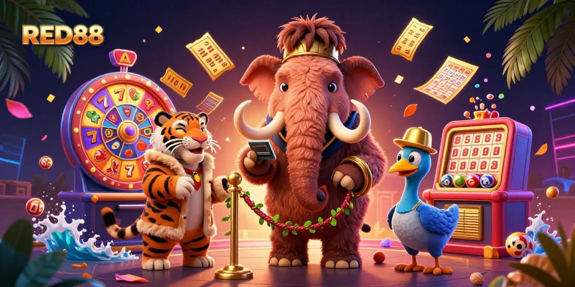 Experience the excitement of RED88 with a cartoon mammoth bouncer at a vibrant casino scene.