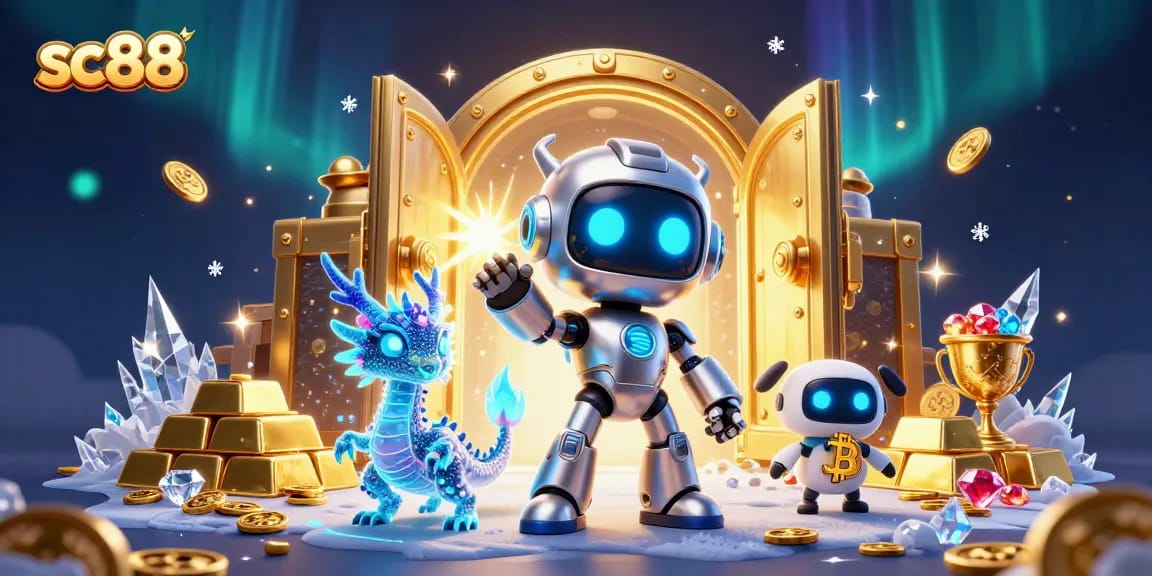 Play and win at sc88 with a thrilling scene of casino treasures, robots, and gold coins