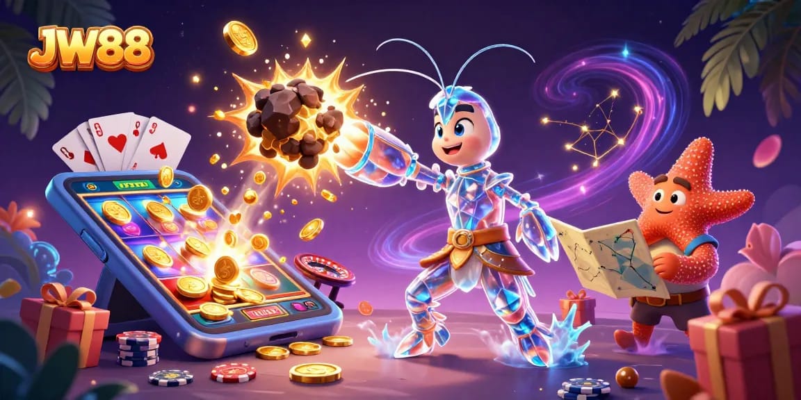 Experience JW88's thrilling jackpots with a vibrant 3D casino under a cosmic backdrop.
