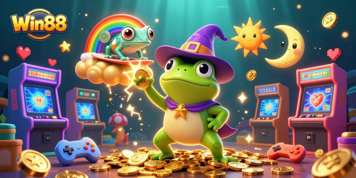 Win88 brings excitement as a wizard frog conjures golden coins, amid vibrant casino elements.