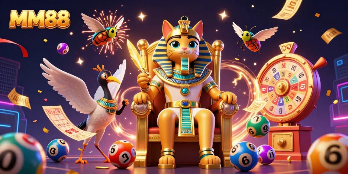 Win exciting prizes with MM88 in this vibrant 3D casino illustration showcasing dynamic gambling elements.