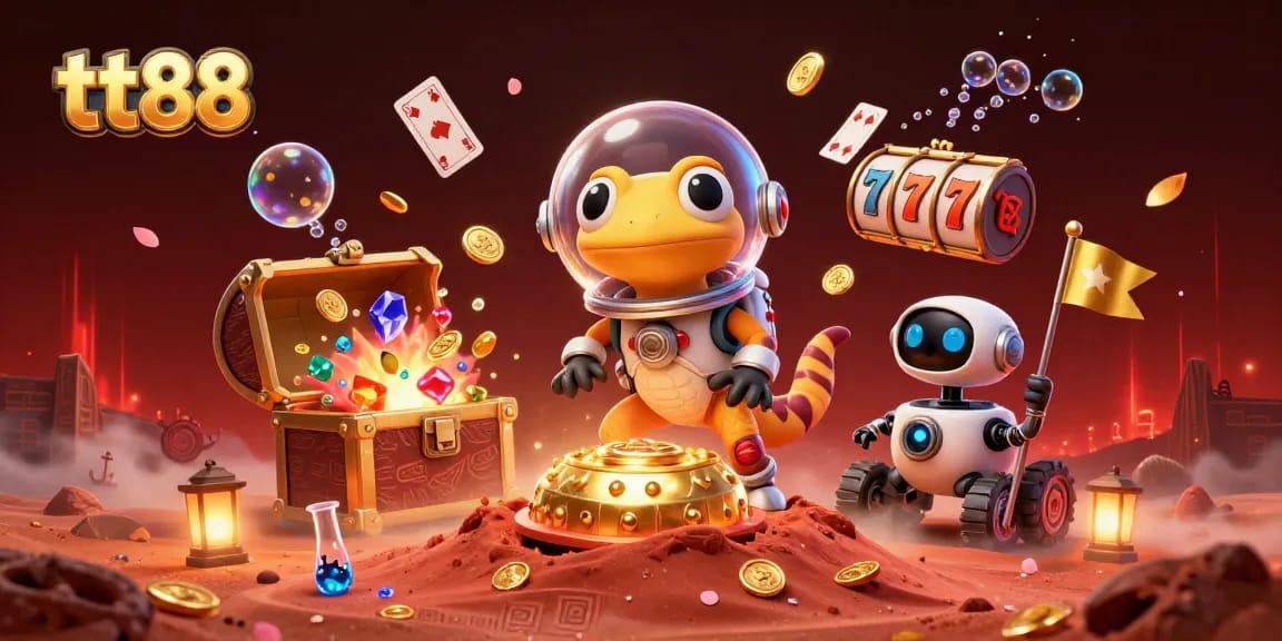 Experience tt88 with a Martian gecko uncovering a golden casino, surrounded by vibrant slot reels and shimmering treasures.