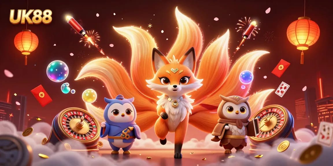 Experience UK88's vibrant casino adventures with a nine-tailed fox and wise owl among gaming marvels.