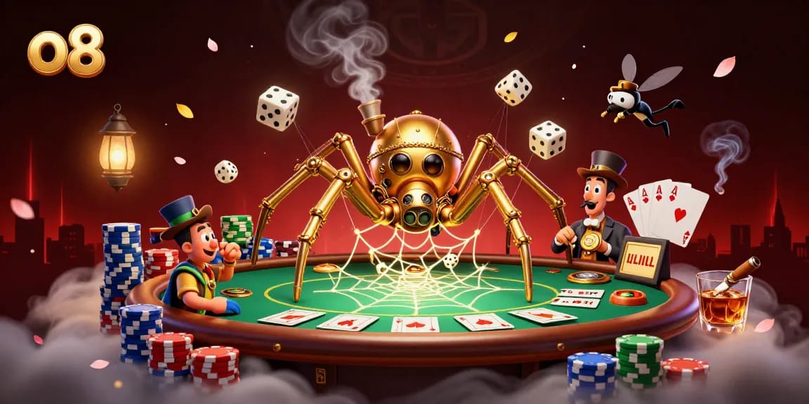 Catch the excitement with o8 gaming, featuring a golden spider and vibrant poker elements.