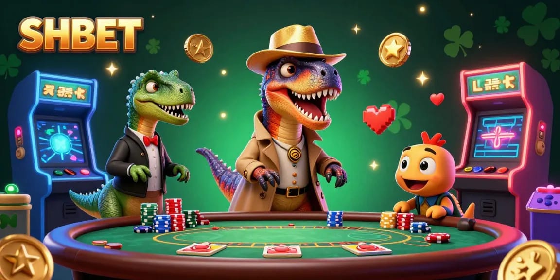 Engage in thrilling games with SHBET at SHBET's colorful 3D blackjack table surrounded by vibrant arcade elements.