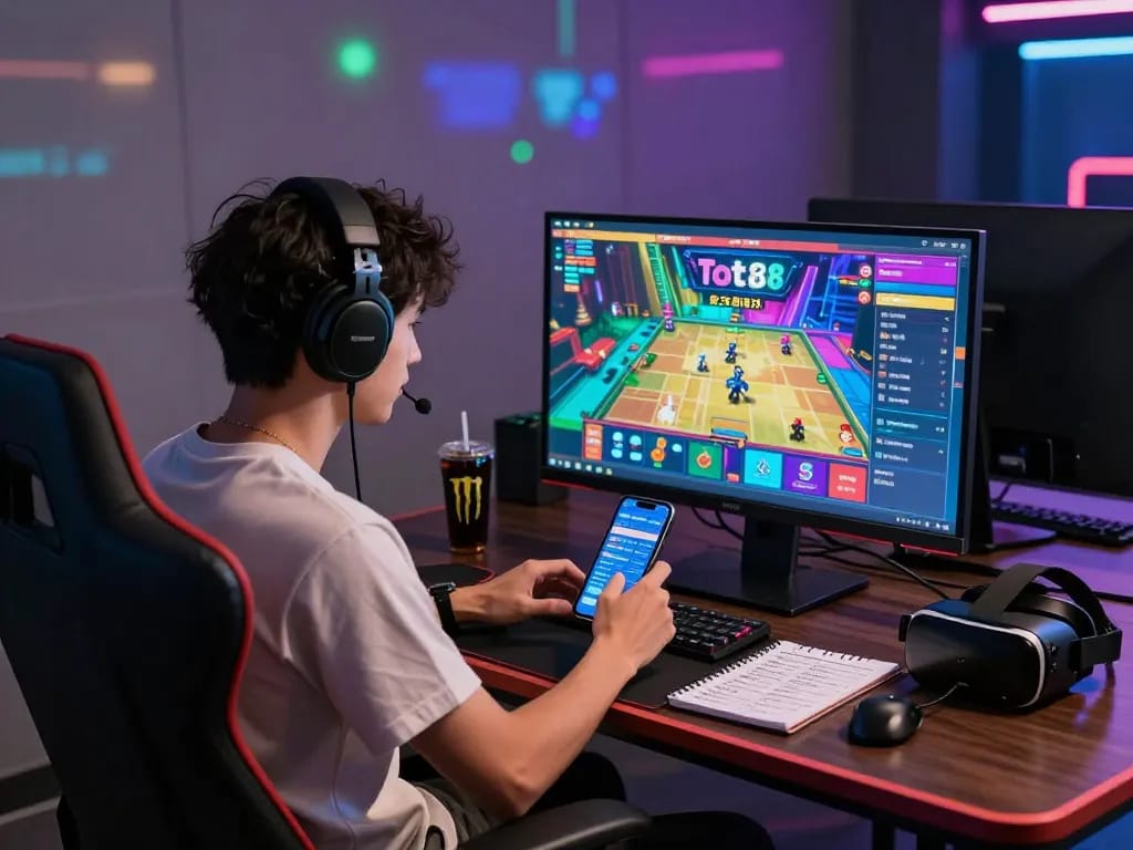 Engaging player experiencing the tot88 online gambling platform with vibrant game graphics and modern accessories.