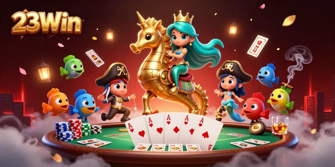 Experience the vibrant world of 23Win with a dynamic casino scene featuring a mermaid princess, giant seahorse, and poker elements.