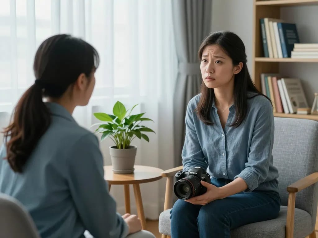 Professional therapy session addressing抑鬱症 in a calming consultation room with natural light.