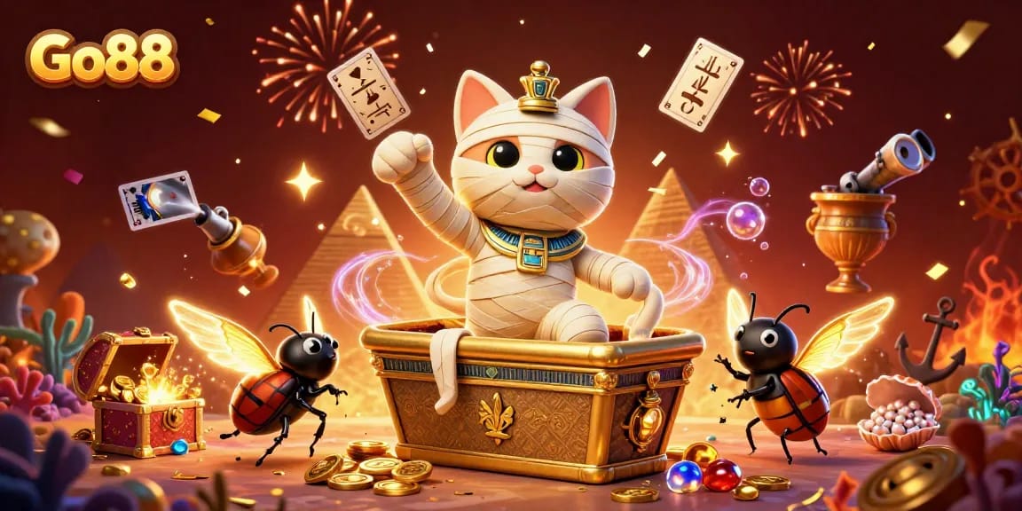 Go88 captivates players with a vibrant illustration of a mummy cat and its treasures in a casino