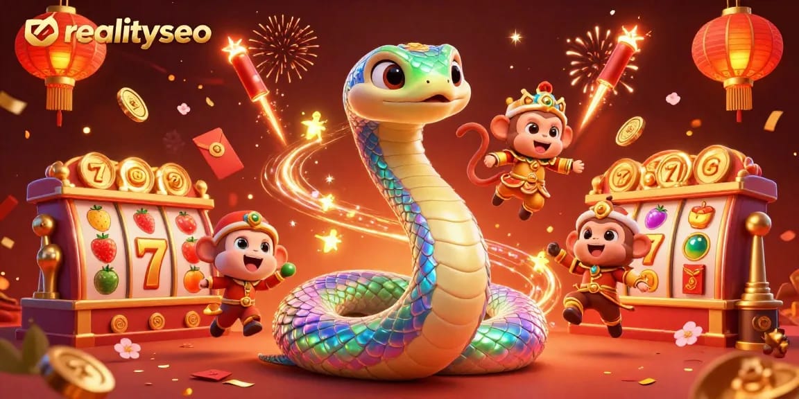 Experience vibrant casino excitement with realityseo's colorful 3D illustration showcasing dynamic slot reels and festive elements.