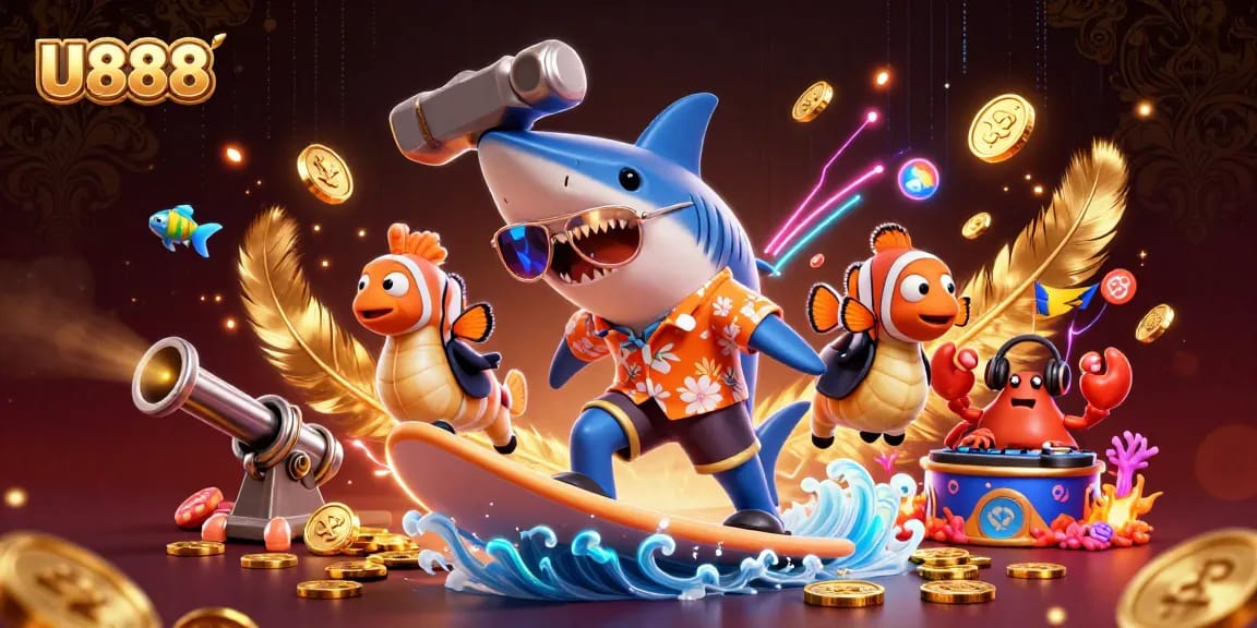 U888's thrilling underwater casino adventure featuring a shark, clownfish, and crab in a vibrant gaming scene.