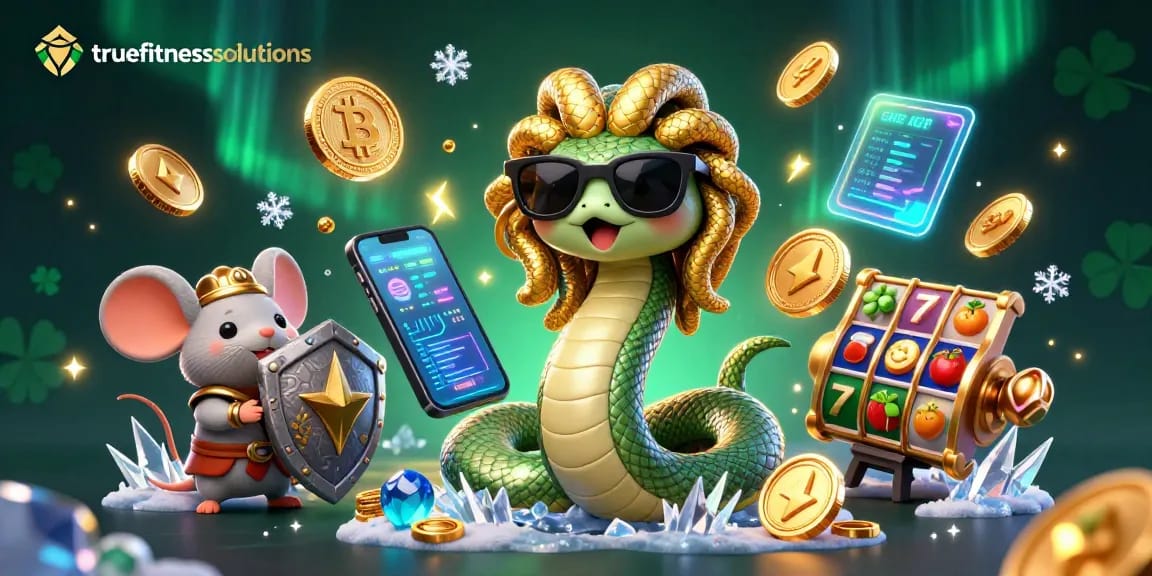 Engage with truefitnesssolutions in a vibrant casino scene featuring Medusa and warrior mouse surrounded by exciting slot elements.