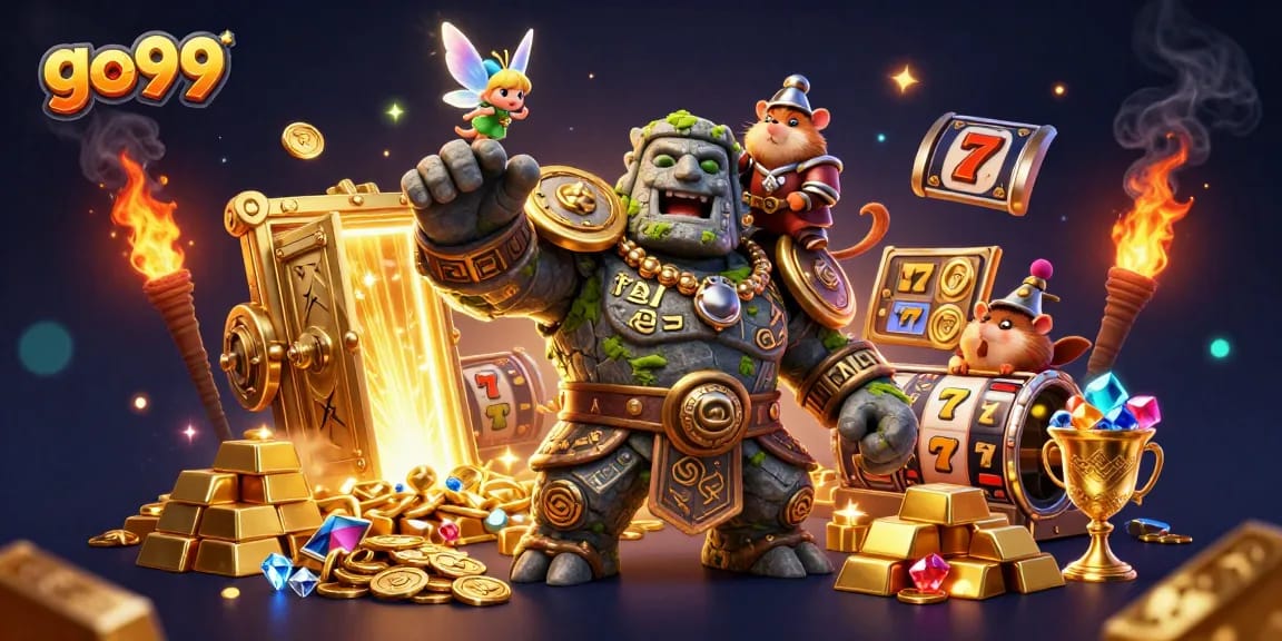 Engage in thrilling gaming with go99’s magical casino illustration featuring slots and treasures.