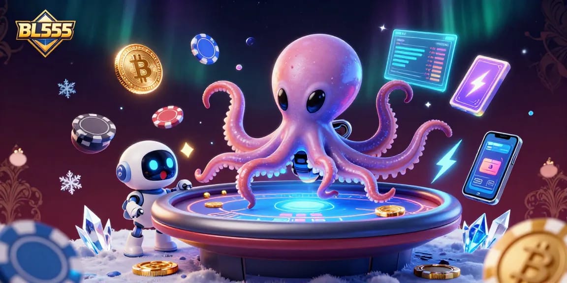 Experience exciting gaming with the cosmic BL555 octopus at a holographic poker table.