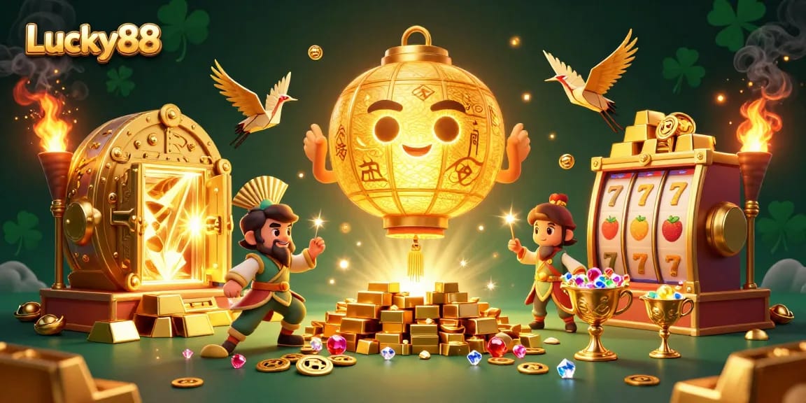 Experience Lucky88 with a captivating scene featuring golden lantern spirit, slot elements, and vibrant treasures