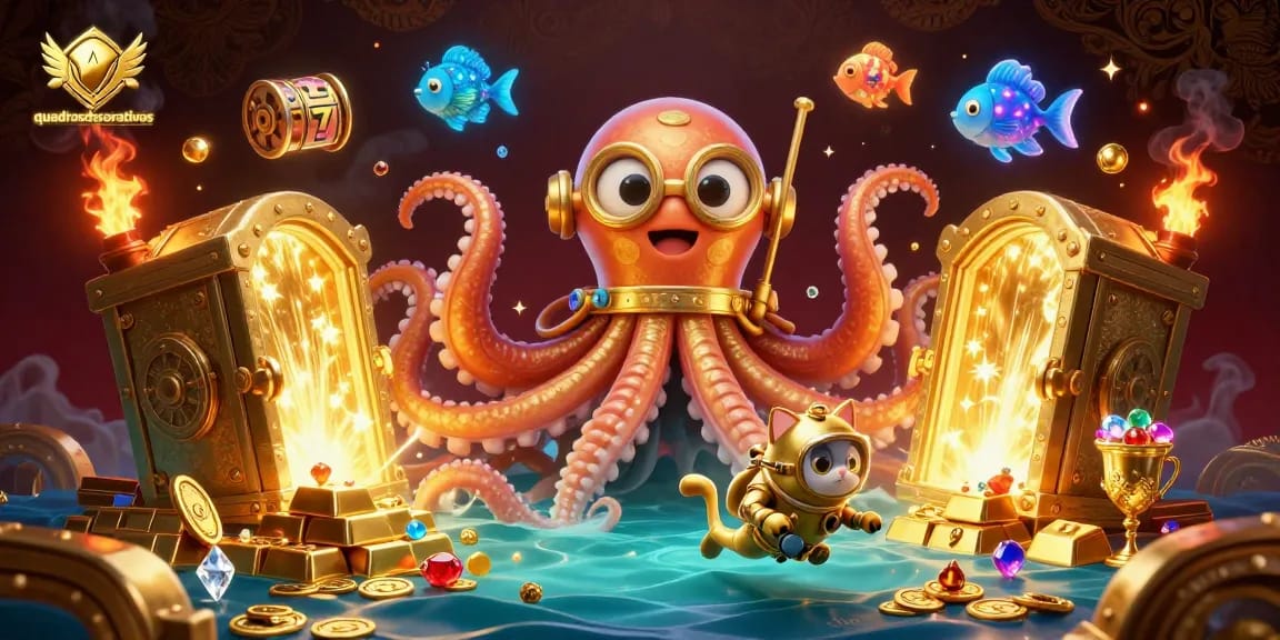 Experience winning moments with quadrosdecorativos, showcasing a kraken, diving cat, and slot symbols.