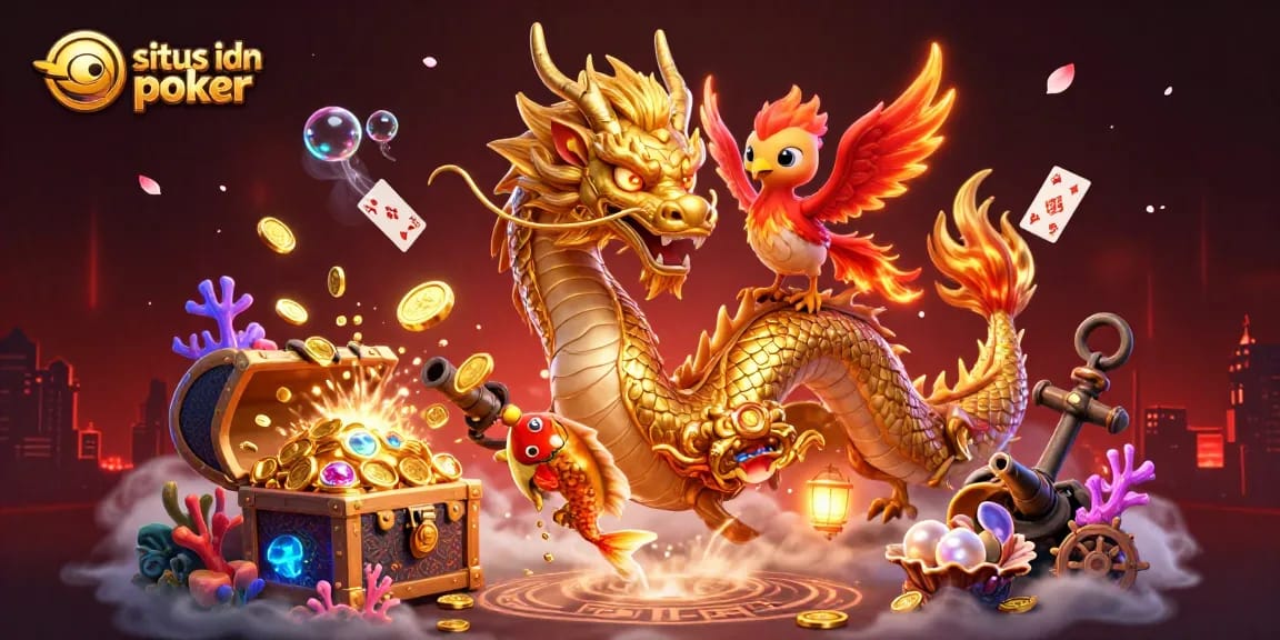 Taruhan poker dalam situs idn poker dengan naga emas dan ikan koi melompati koin.