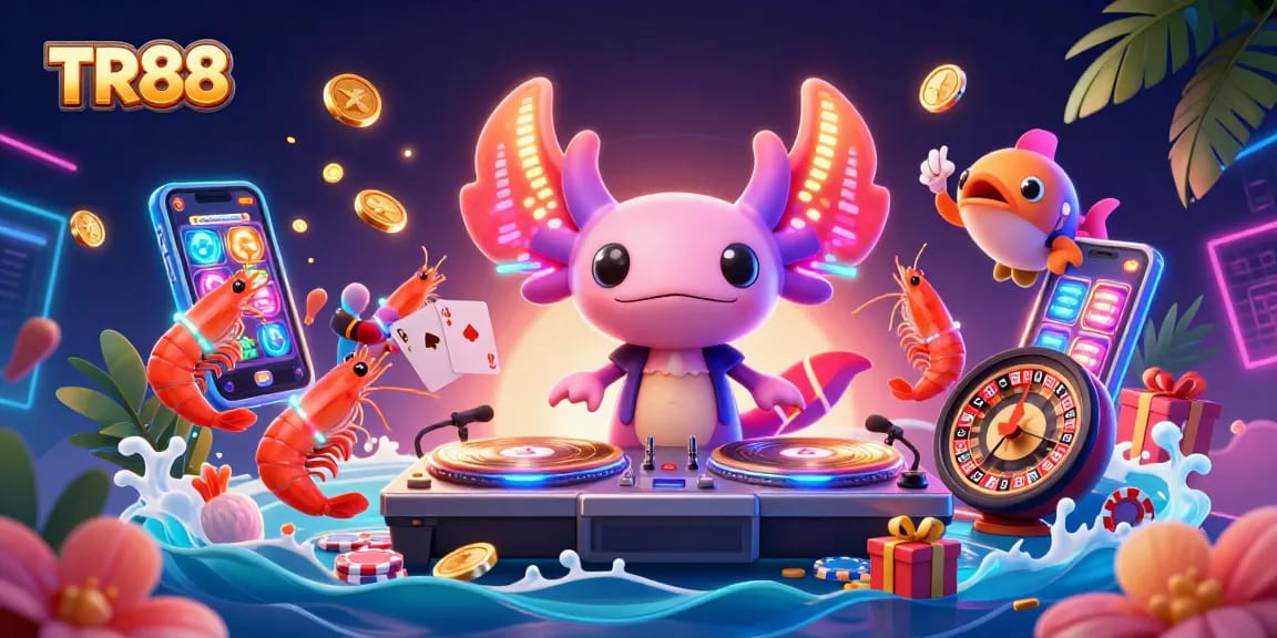 Engage with TR88's vibrant casino atmosphere featuring a DJ axolotl and energetic shrimp dancers.
