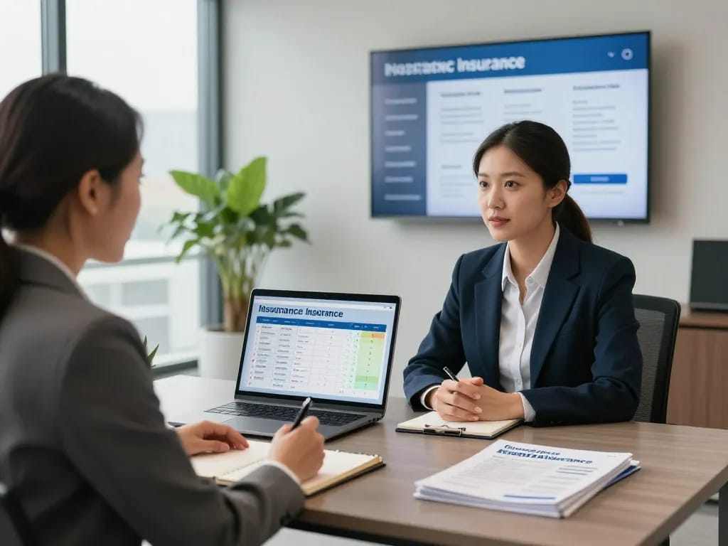 Get truck insurance quote in a professional office setting with an agent assisting clients on insurance options.