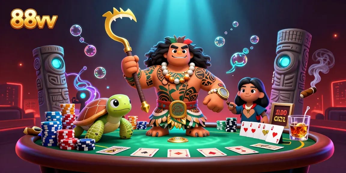 Experience thrilling moments at 88vv with poker tables, vibrant chips, and striking characters!
