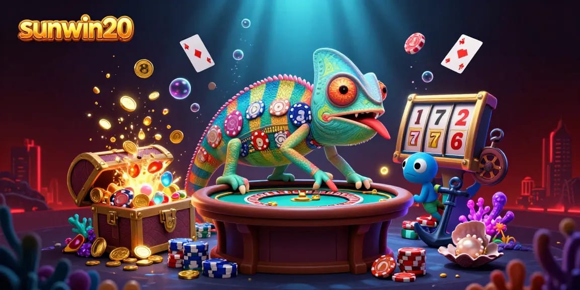Engage with sunwin20 at the vibrant casino scene featuring a playful chameleon and dynamic slot elements.