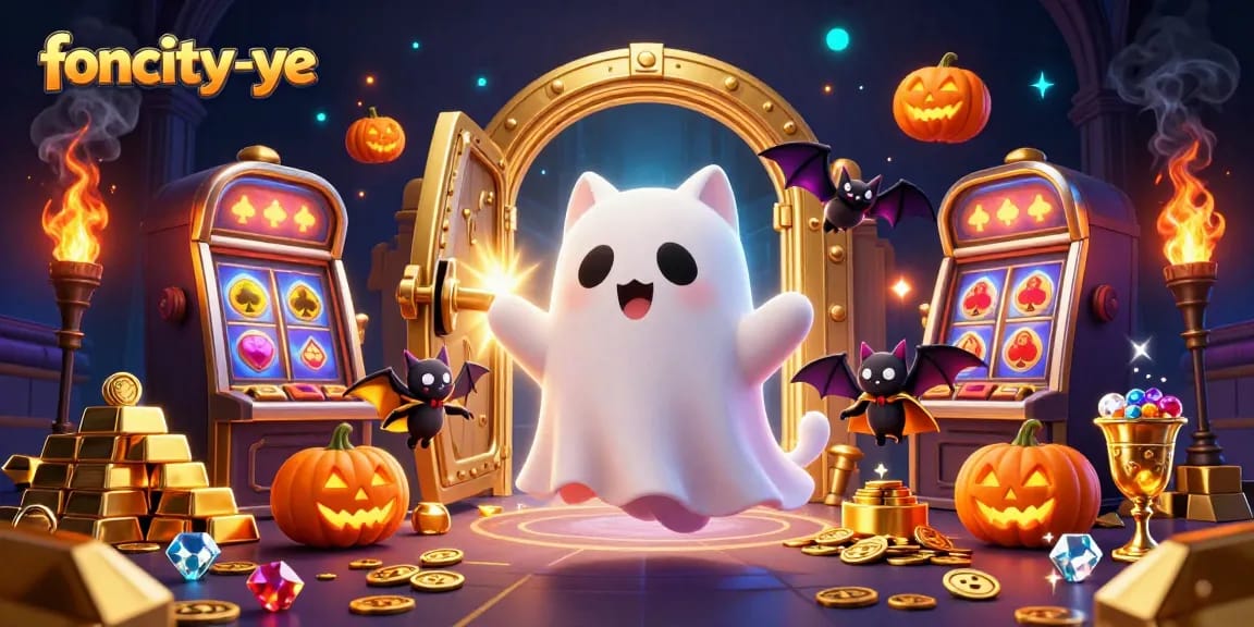 Experience foncity-ye's vibrant haunted casino scene with a ghost cat and treasures galore.