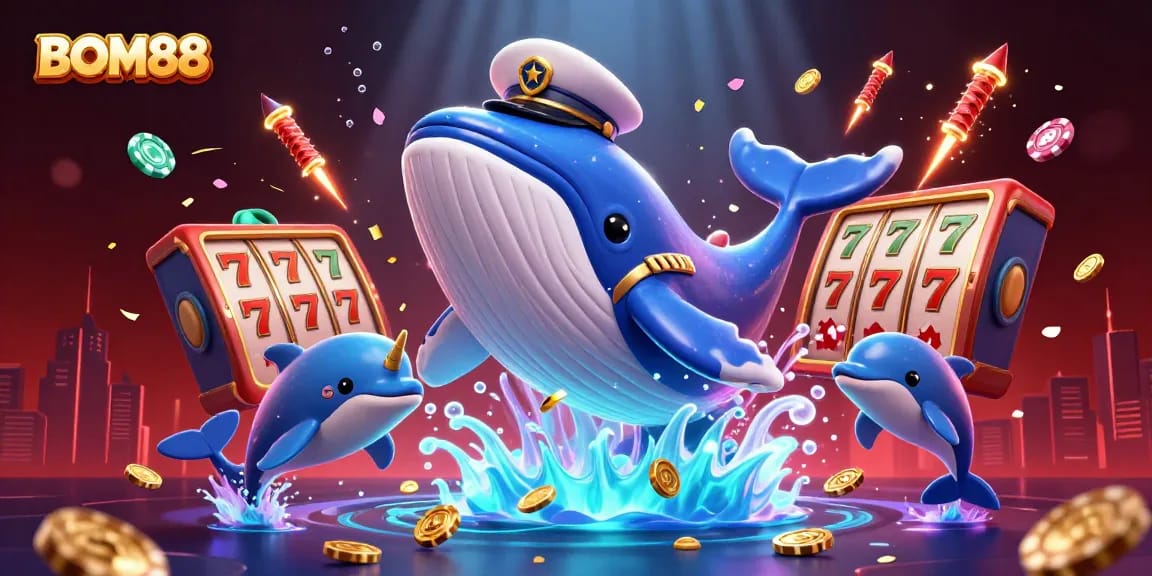 Engage with BOM88's vibrant entertainment scene featuring playful dolphins, a captivating whale, and exciting casino elements.
