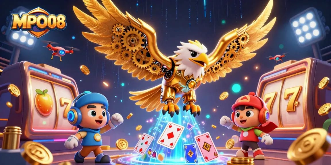 MPO08 celebrates slot games with a dynamic 3D eagle diving through holographic reels and coins.