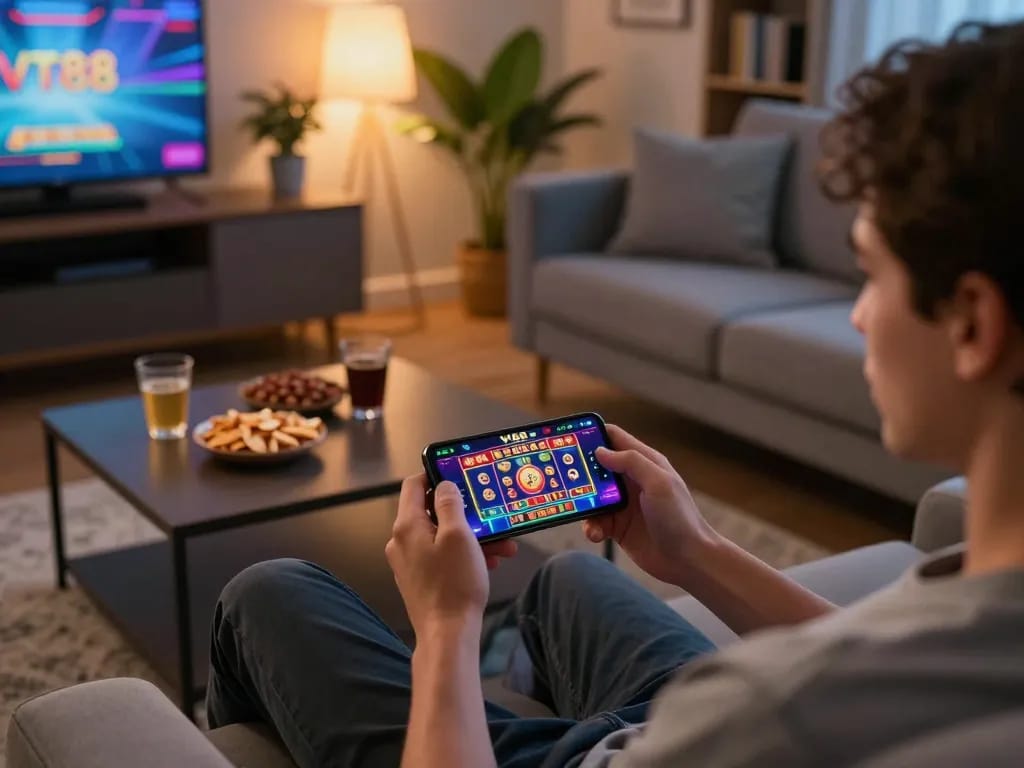 Engaging in online slots with VT88 app during a cozy gaming session at home