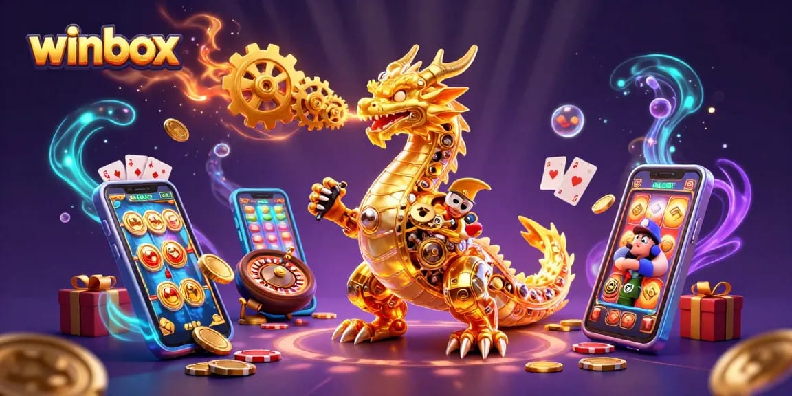 Winbox slots come alive with a golden dragon and colorful gaming elements, enhancing the thrill of online play.