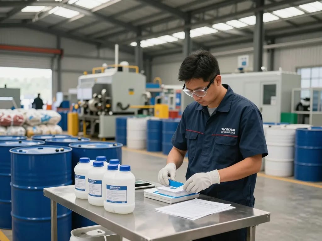 Petrochemical distributor inspecting quality control in a warehouse with chemical barrels, ensuring safety and quality.