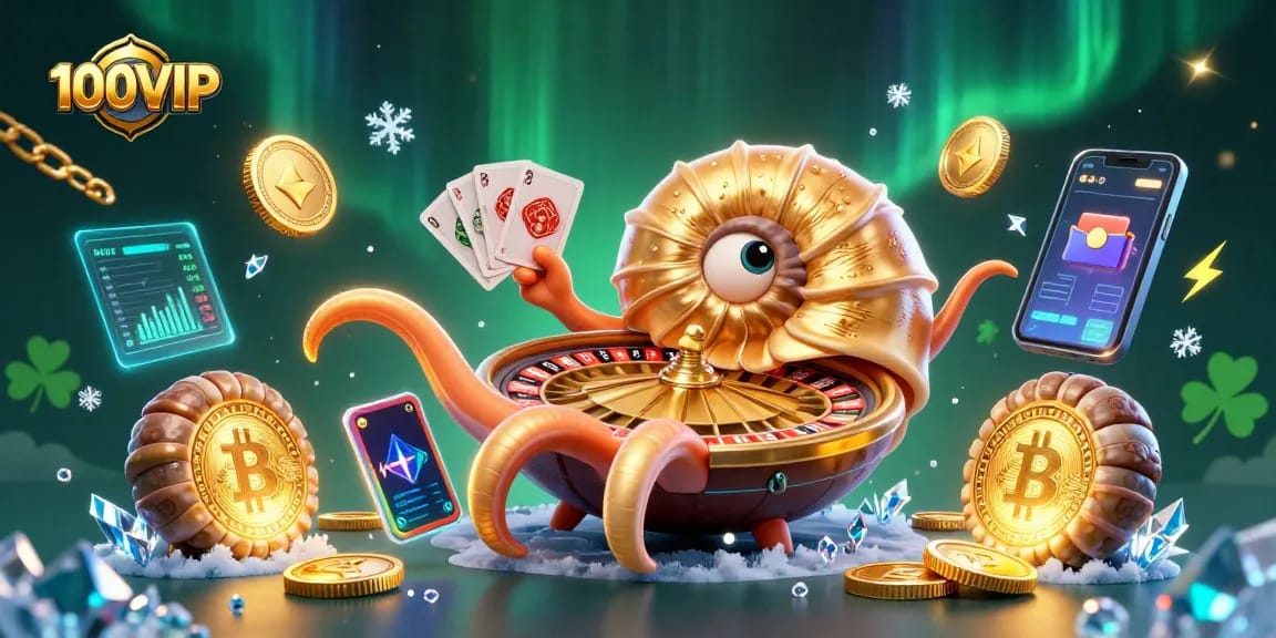 Experience thrilling gameplay with 100VIP, featuring a giant nautilus roulette wheel and crypto elements.