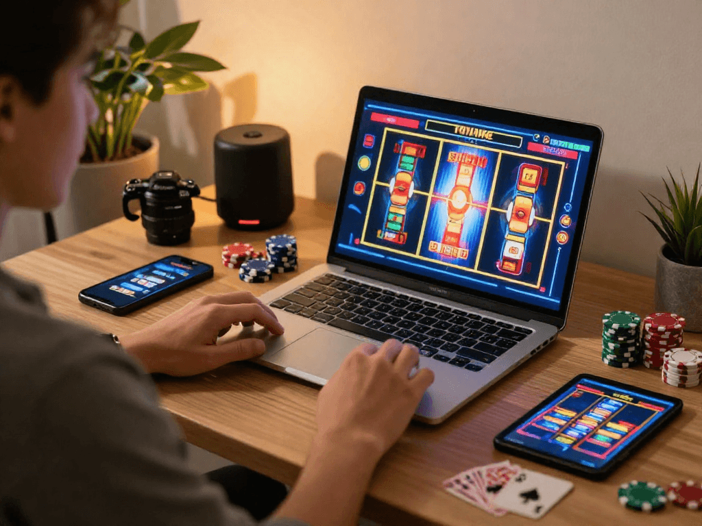 Giocatore felice impegnato in giochi di casino non aams sul laptop con accessori da gioco e atmosfera accogliente.