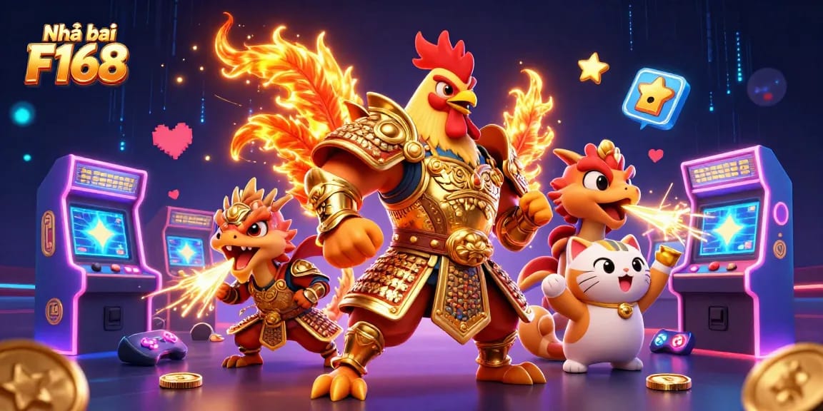 Experience the thrill of Nhà cái F168, featuring a courageous fighting rooster and dragon in a vibrant casino scene.