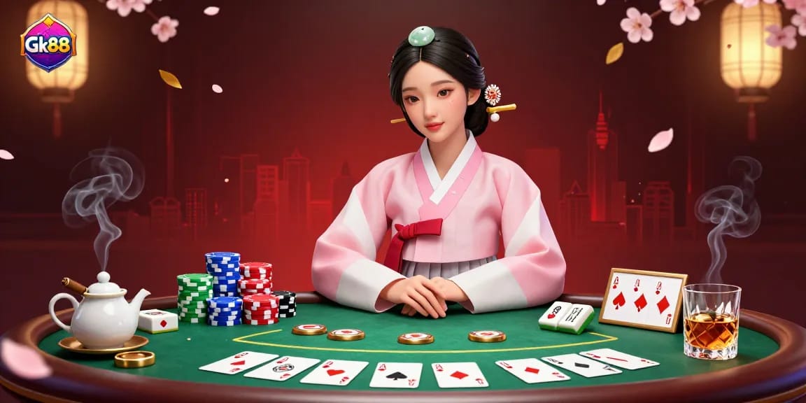 Experience thrilling gaming at Gk88 with this lively representation of poker elements and serene ambiance.