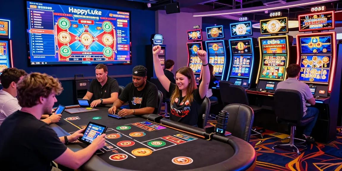 Players enjoying live casino games and slots at Happyluke in an exciting online gaming atmosphere.
