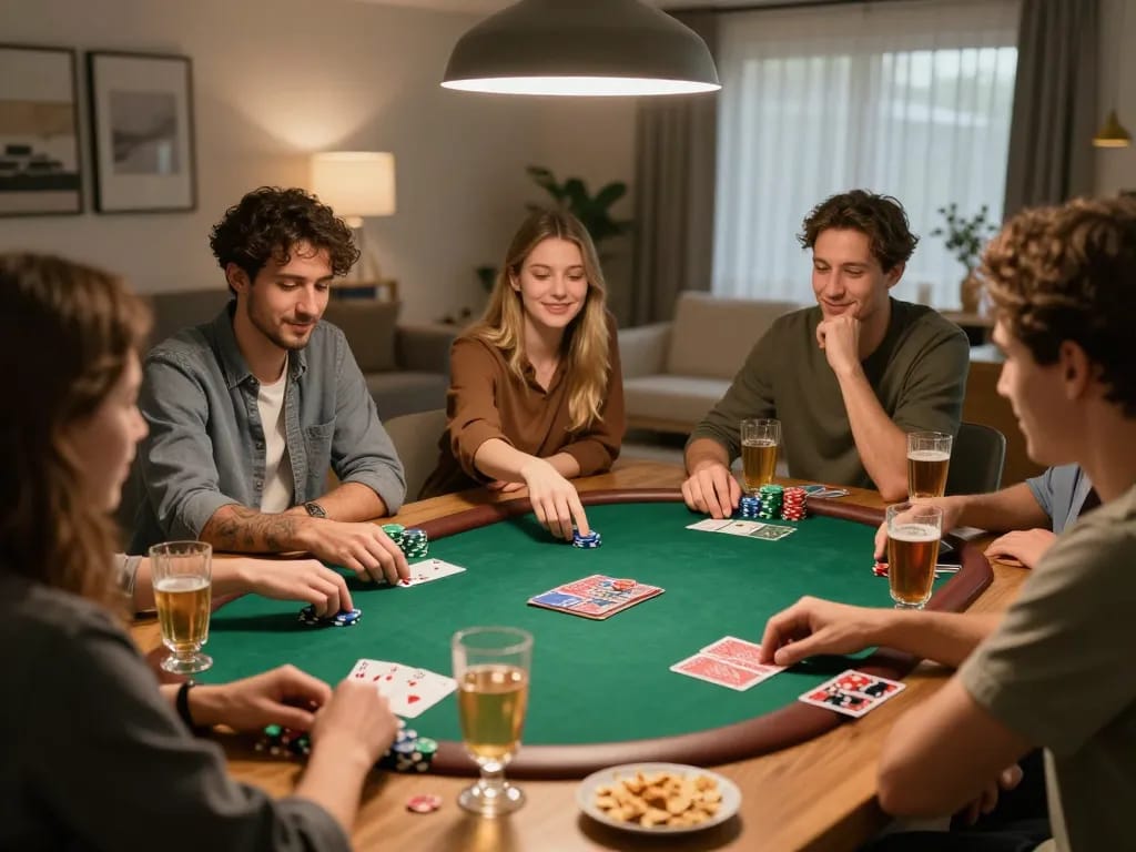 RR88 players enjoying an exciting poker night at home, showcasing chips and cards