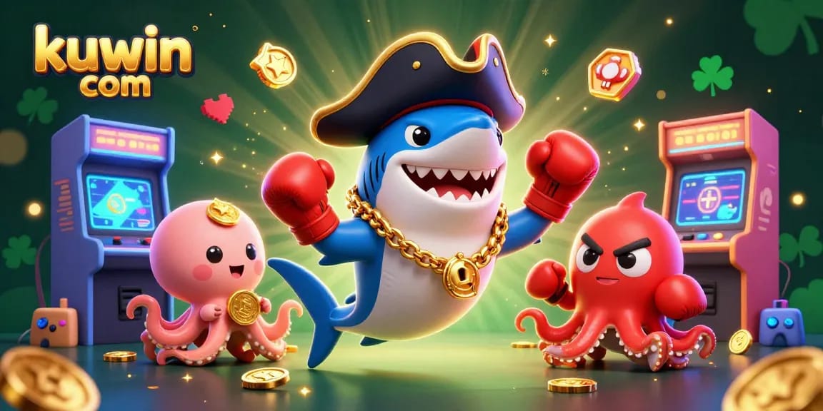 Engage in thrilling games at kuwin com with a vibrant casino-themed illustration featuring animated characters.