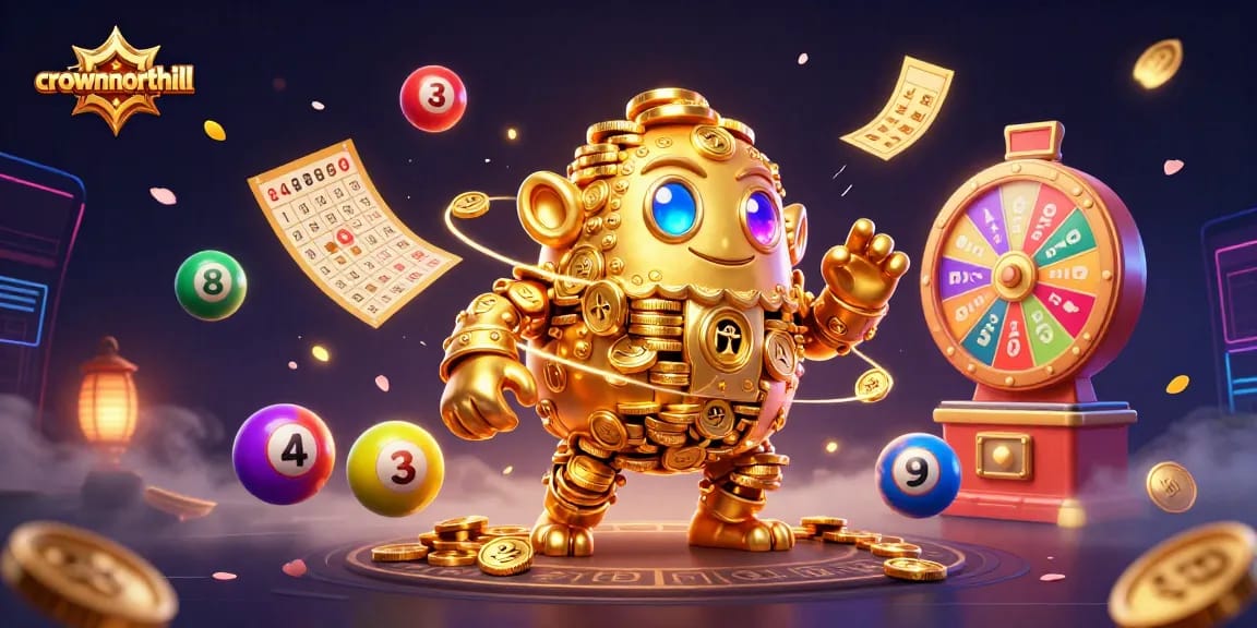 Experience the thrill of crownnorthill with a vibrant 3D casino scene featuring a coin golem and dynamic lottery elements.