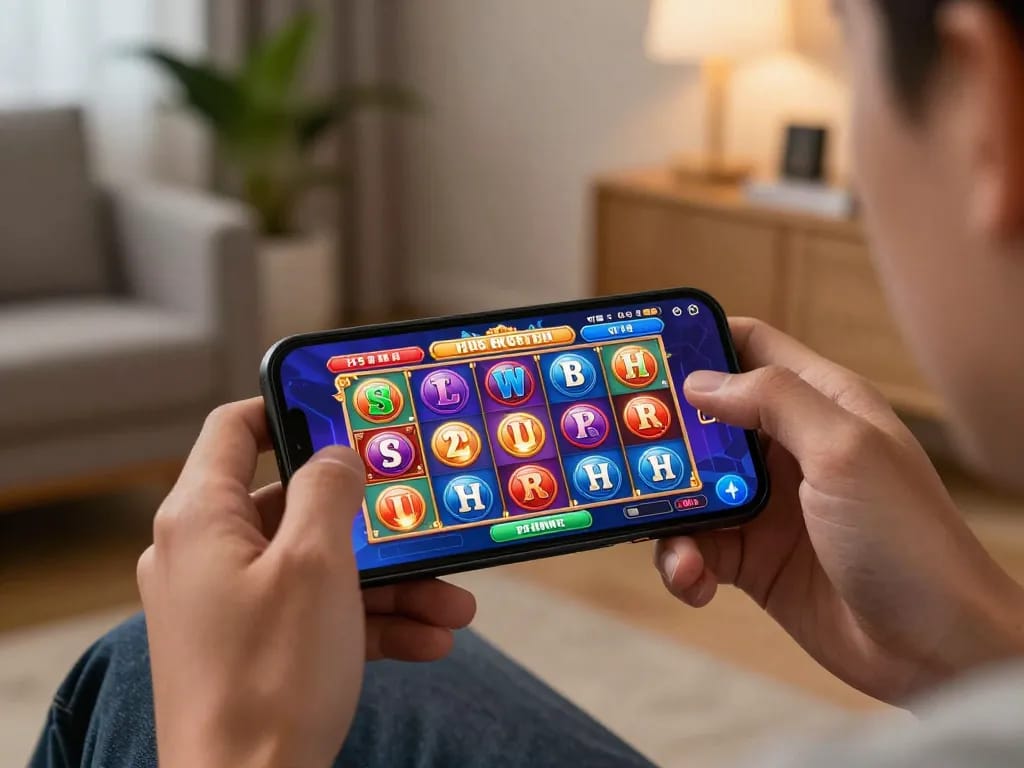 Engaging H5 browser play on a smartphone in a cozy home setting, showcasing online gambling excitement.