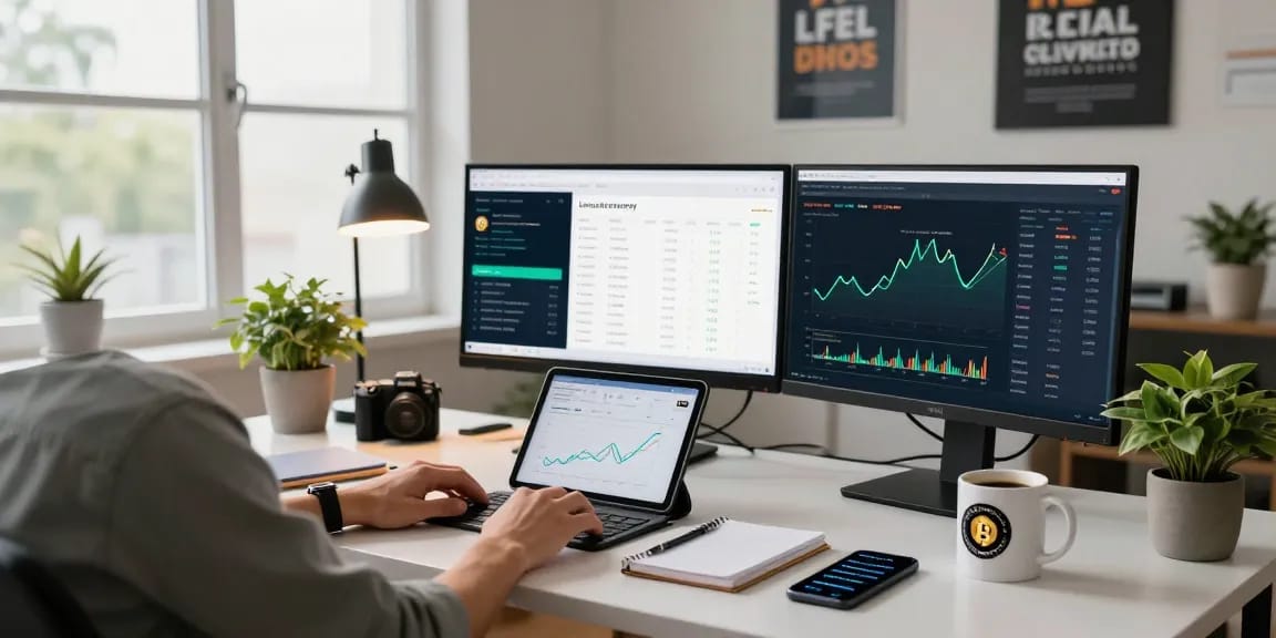 Person strategizing to recover lost crypto in a modern home office setting, analyzing trends and market alerts.