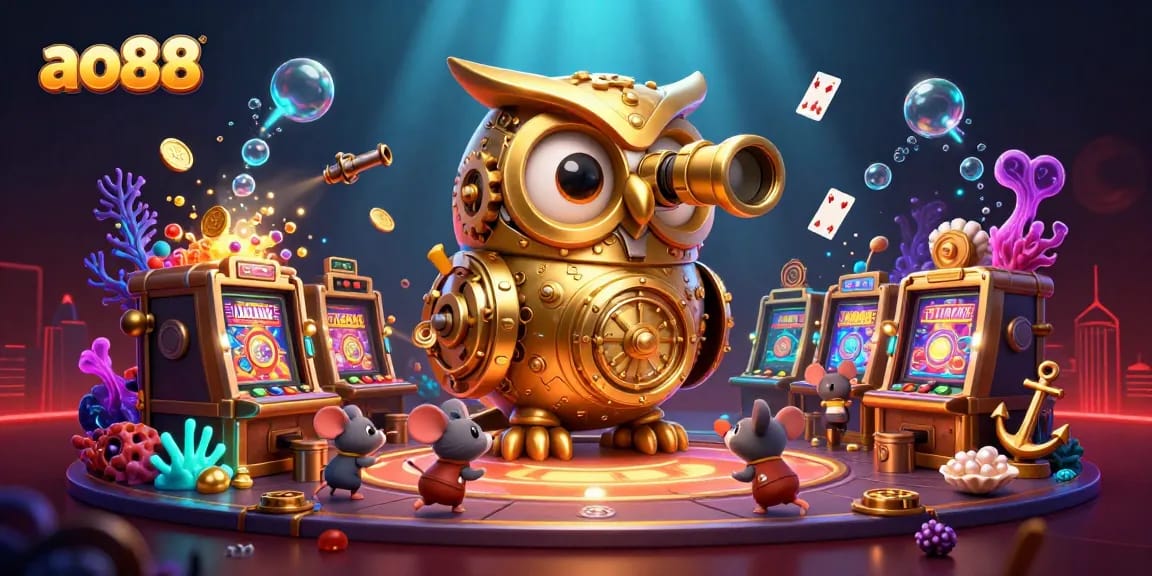 Experience ao88's vibrant casino world with a giant clockwork owl and animated slot machines.