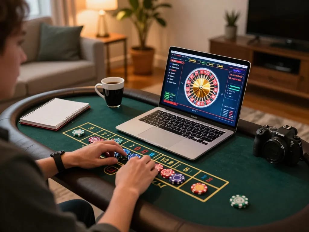 Engaging online gambling scene at home with player interacting with roulette game on laptop, showcasing nohu strategy.