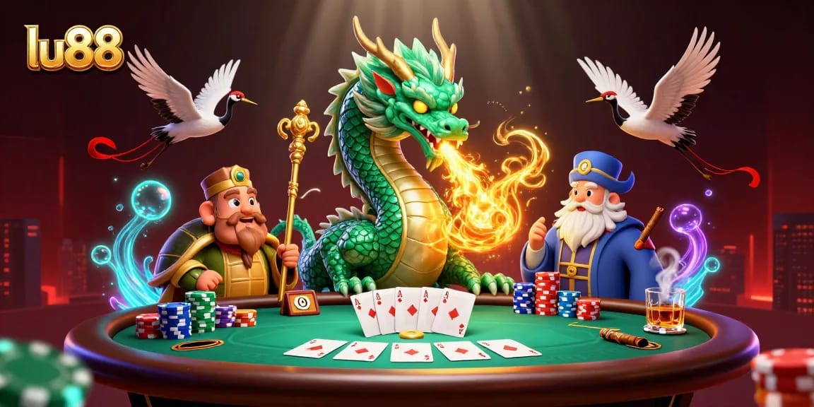 lu88 showcases a vibrant poker scene with a jade dragon and turtle sage amidst gaming elements.