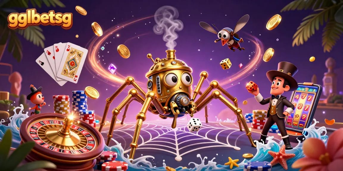 Experience thrilling gaming with gglbetsg featuring a steampunk spider and vibrant casino elements.