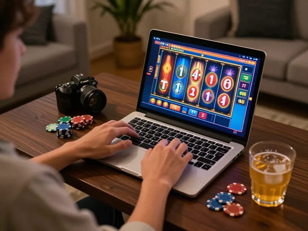 Player enjoying situs slot on laptop with an engaging interface and vibrant colors, capturing the excitement of online gambling.