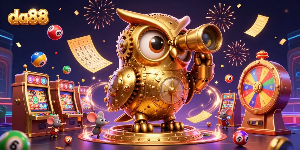 Experience da88's vibrant casino world with bouncing lottery balls and festive golden elements.