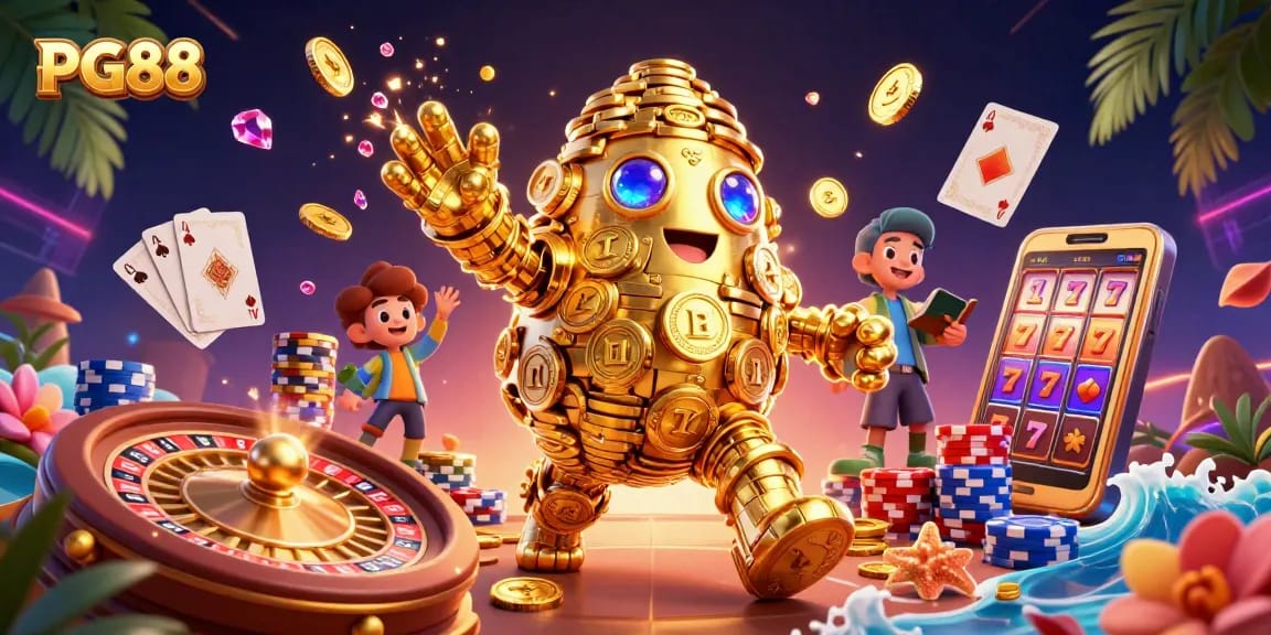 Experience rich gaming at PG88 with a golden golem and casino elements, exploring slots and jackpots.