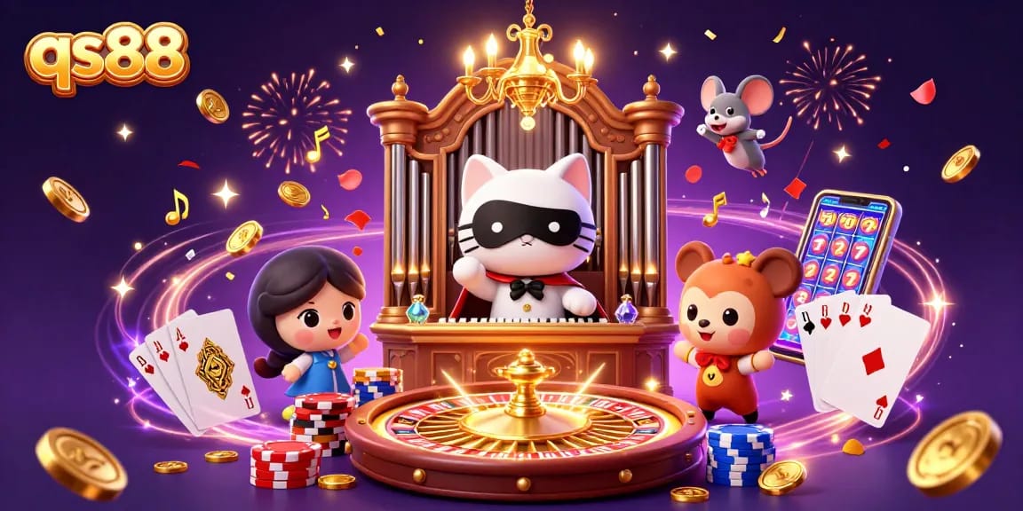 Experience qs88's vibrant casino scene with a masked cat and dancing mouse in a lively setting.