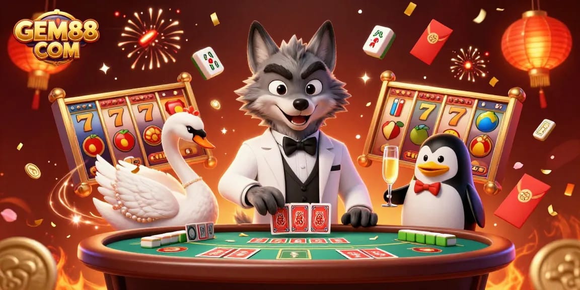 Experience the excitement of GEM88 COM with lively characters at a vibrant casino table.